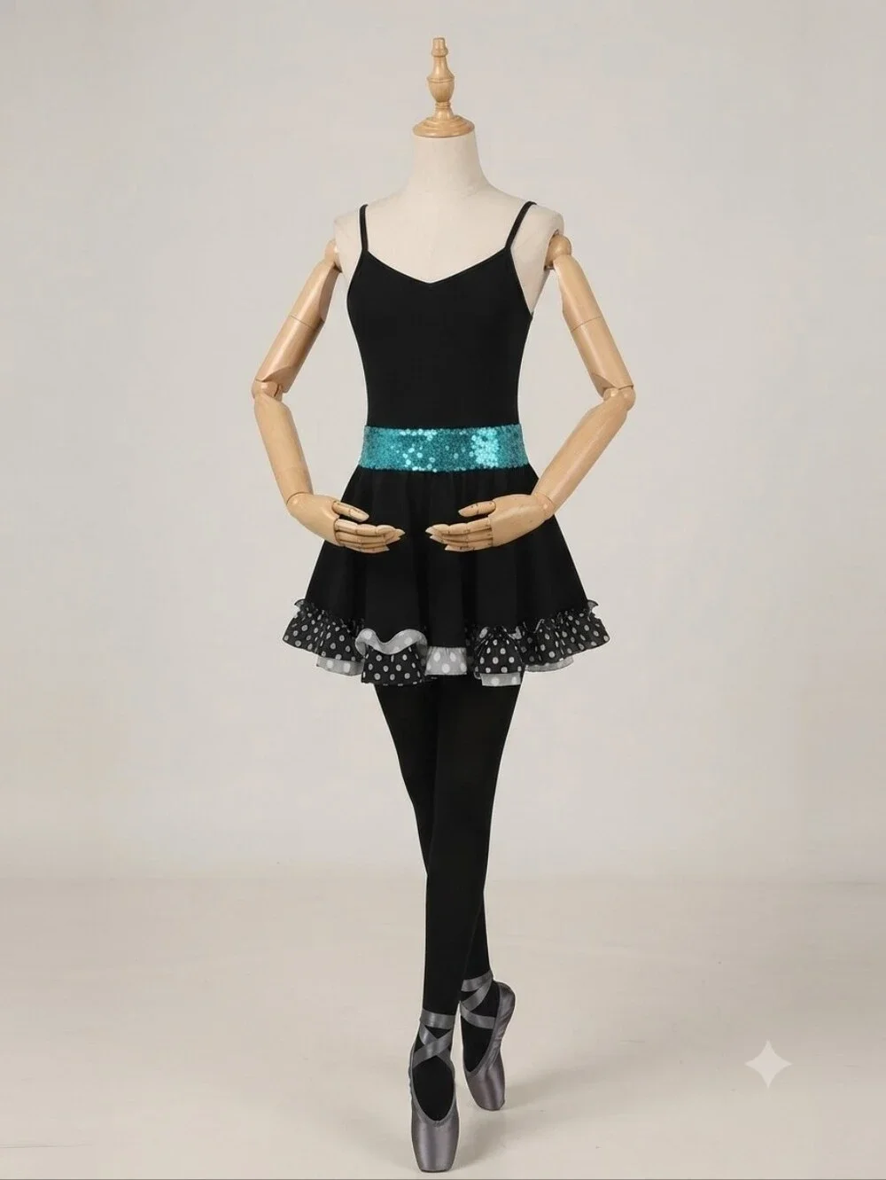 Weissman Black Dance Costume with Blue Sequin Waistband
